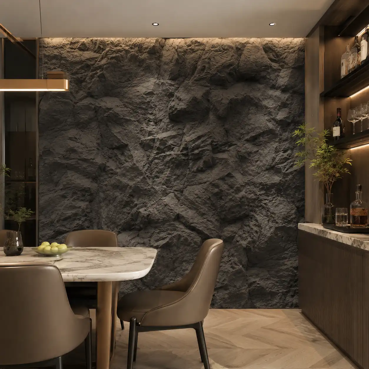 7PU Rock Stone Wall Panel Dark Grey 3D Texture Bar Restaurant Commercial Interior Decoration WYRAX_4 PU Culture Stone Wall Panel Complete Decorative Wall System Hotel Restaurant Commercial Project WYRAX