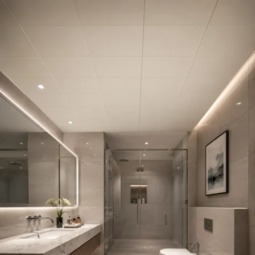 PVC Waterproof Ceiling Tile Cream White 300×600mm Hotel Bathroom Easy Click Install WYRAX