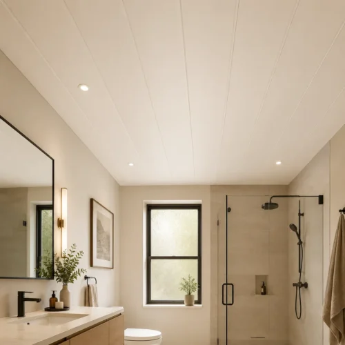 PVC Waterproof Ceiling Tile Cream White 300×600mm Hotel Bathroom Easy Click Install WYRAX