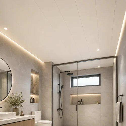 PVC Waterproof Ceiling Tile Cream White 300×600mm Hotel Bathroom Easy Click Install WYRAX