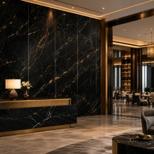 UV Marble Wall Panel Grey Stone Texture High Gloss Hotel Lobby Commercial Interior WYRAX_2 PVC UV Marble Wall Panel Black Gold Marble Pattern Premium Hotel Restaurant Commercial WYRAX