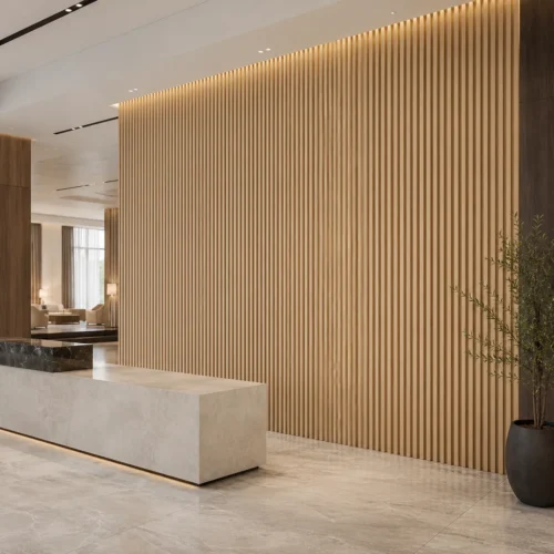 WPC Fluted Wall Panel Beige Wood Grain Hotel Lobby Commercial Interior Project WYRAX_2 WPC Fluted Wall Panel Beige Wood Grain Hotel Lobby Commercial Interior Project WYRAX