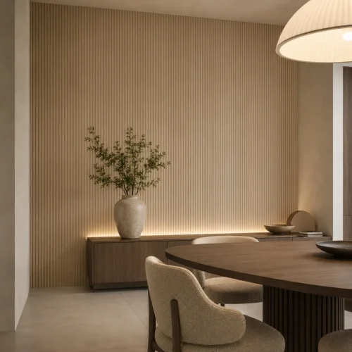 WPC Fluted Wall Panel Beige Wood Grain Hotel Lobby Commercial Interior Project WYRAX_3 WPC Fluted Wall Panel Beige Wood Grain Hotel Lobby Commercial Interior Project WYRAX
