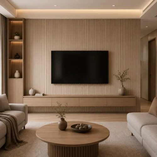 WPC Fluted Wall Panel Beige Wood Grain Hotel Lobby Commercial Interior Project WYRAX_4 WPC Fluted Wall Panel Beige Wood Grain Hotel Lobby Commercial Interior Project WYRAX
