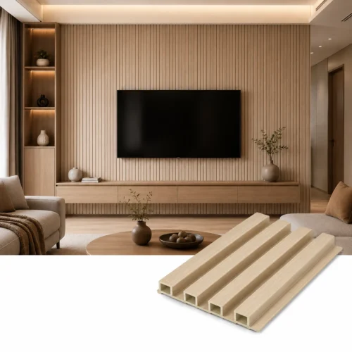 WPC Fluted Wall Panel Beige Wood Grain Hotel Lobby Commercial Interior Project WYRAX_6 WPC Fluted Wall Panel Beige Wood Grain Hotel Lobby Commercial Interior Project WYRAX