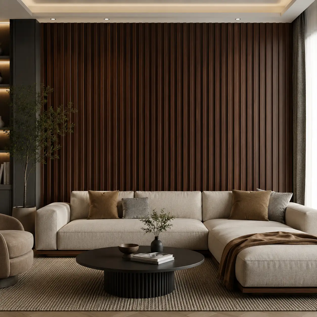 WPC Grille Wall Panel Dark Walnut Grain Premium Restaurant Hotel Interior Commercial WYRAX_4 ASA Outdoor WPC Grille Panel Weather Resistant Exterior Wall Cladding Commercial Project WYRAX