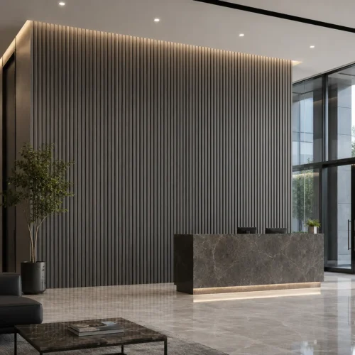 WPC Grooved Wall Panel Grey Easy Install Office Commercial Project Interior WYRAX_2 WPC Grooved Wall Panel Grey Easy Install Office Commercial Project Interior WYRAX