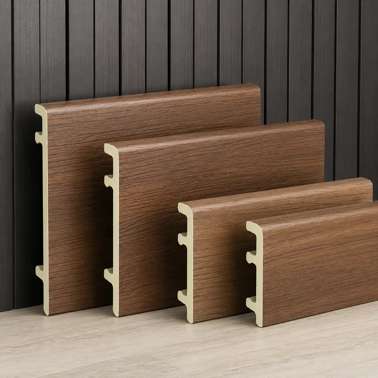 WPC Skirting Board 80mm Walnut Grain Matching WPC Dark Wall Panel Hotel WYRAX-6 WPC Baseboard 60mm Light Oak Wood Grain Waterproof Hotel Commercial Interior WYRAX
