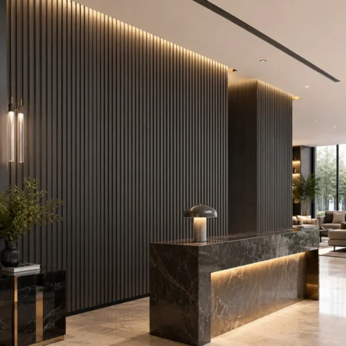 WPC Vertical Groove Wall Panel Charcoal Grey Bar Hotel Commercial Interior Project WYRAX