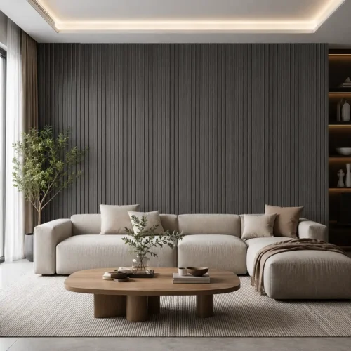 WPC Vertical Groove Wall Panel Charcoal Grey Bar Hotel Commercial Interior Project WYRAX