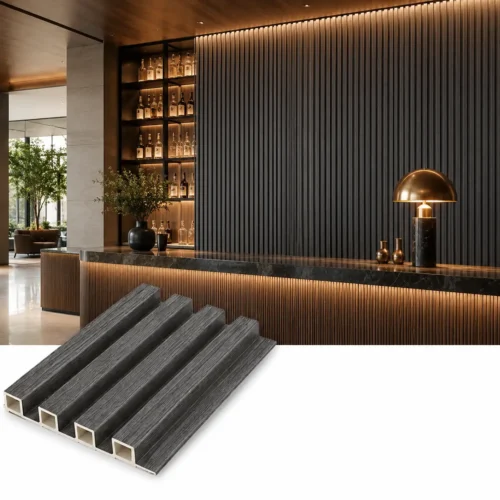 WPC Vertical Groove Wall Panel Charcoal Grey Bar Hotel Commercial Interior Project WYRAX