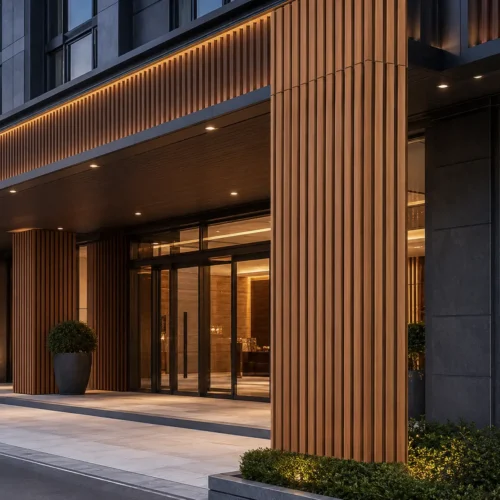 ASA Co Extrusion WPC Grille Panel Hotel Exterior Facade Decorative Cladding WYRAX 5 ASA Co Extrusion WPC Grille Panel Hotel Exterior Facade Decorative Cladding WYRAX