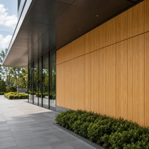 Outdoor WPC Grille Panel Natural Wood Grain ASA Surface Commercial Facade Renovation WYRAX