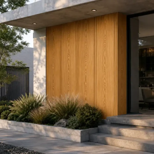 Outdoor WPC Grille Panel Natural Wood Grain ASA Surface Commercial Facade Renovation WYRAX