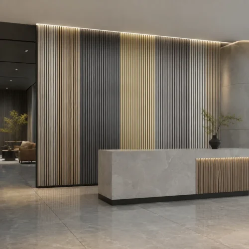 Teak Wood Veneer Acoustic Panel Linear Slat Design Commercial Interior Wall Project WYRAX_1 Teak Wood Veneer Acoustic Panel Linear Slat Design Commercial Interior Wall Project WYRAX