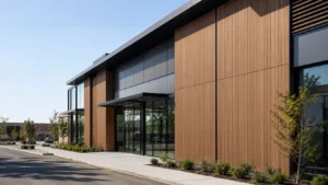 WPC Wall Panels: The Complete Guide 2026 1 Modern commercial building facade clad with warm wood look WPC wall panels