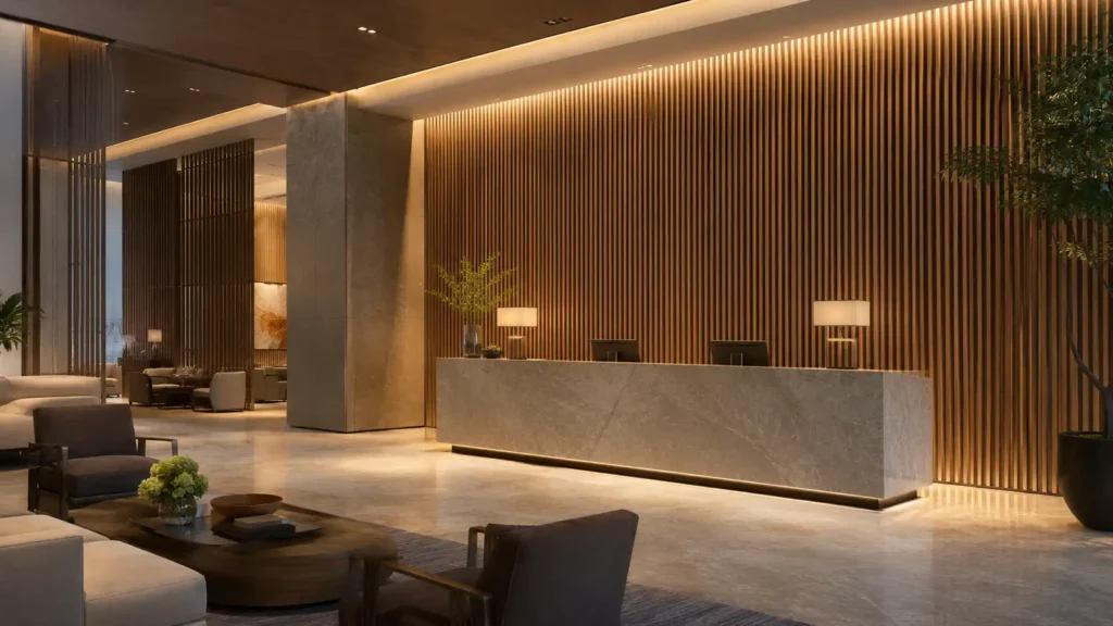 WPC Wall Panels: The Complete Guide 2026 2 Premium hotel lobby finished with warm WPC fluted wall panels