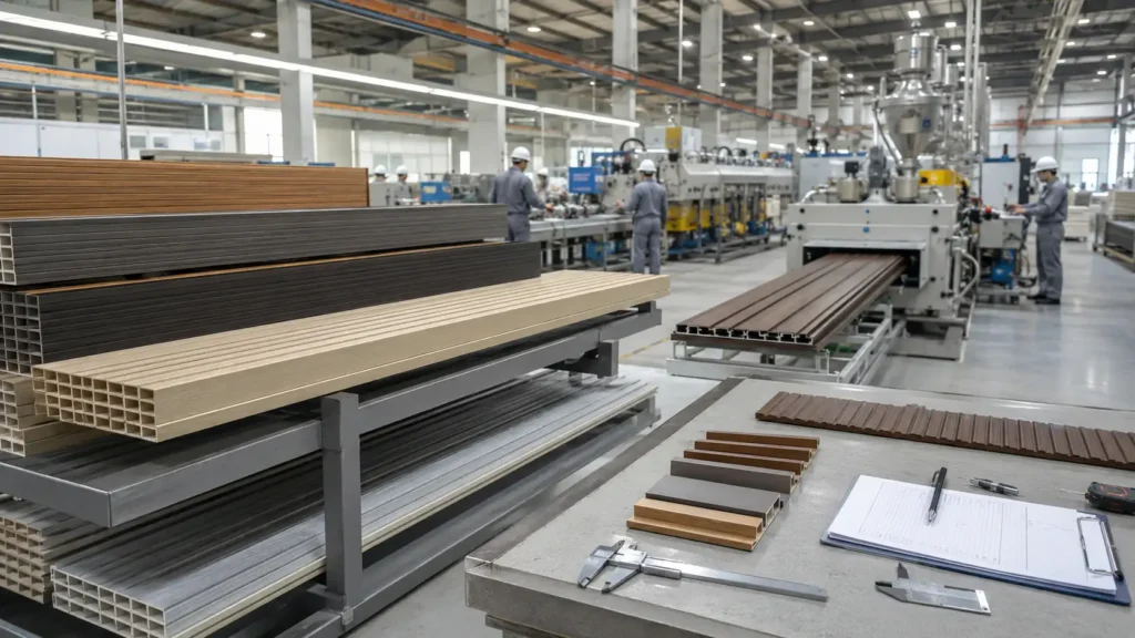 WPC Wall Panels: The Complete Guide 2026 4 WPC wall panel production and quality control area inside a manufacturing facility
