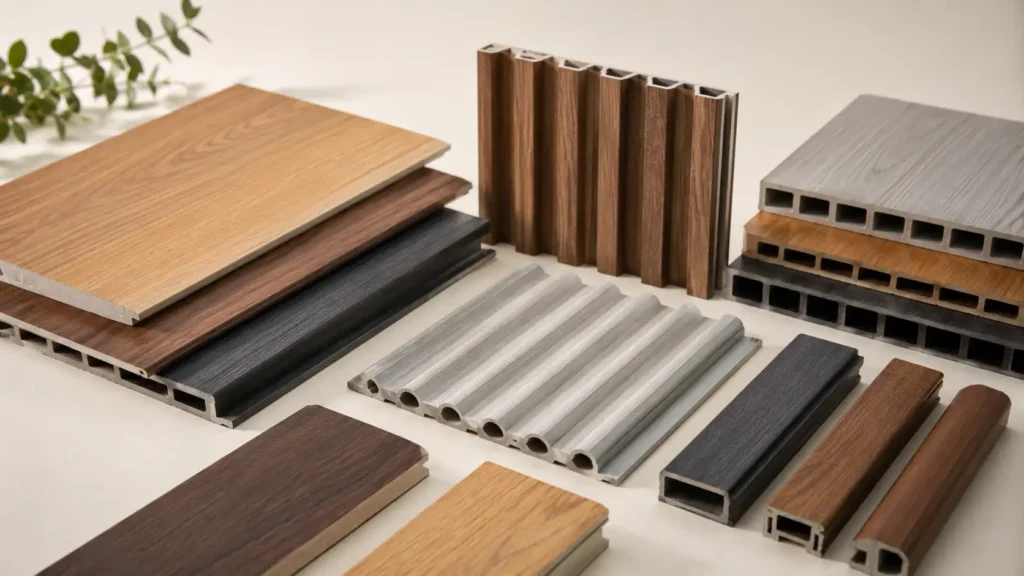 WPC Wall Panels: The Complete Guide 2026 1 WPC wall panel samples showing flat fluted hollow solid and capped profiles