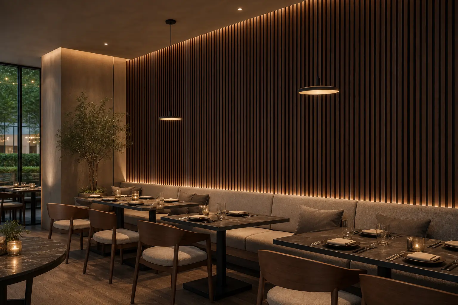 wood slat acoustic panels for hotel and restaurant interiors