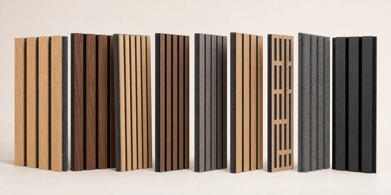 acoustic panel types with wood slat felt and decorative finishes