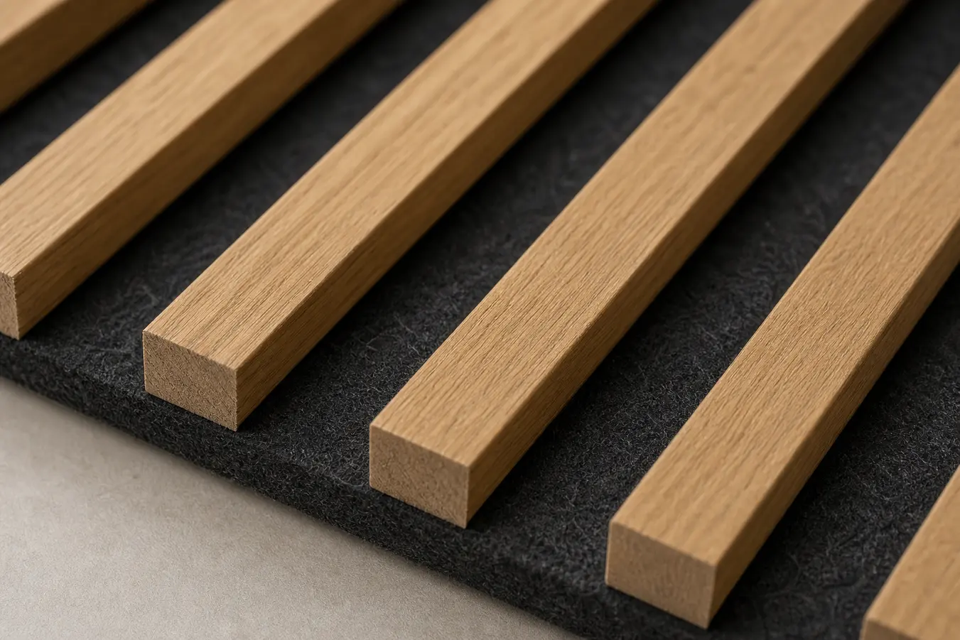 wood slat acoustic panel surface and felt backing close up