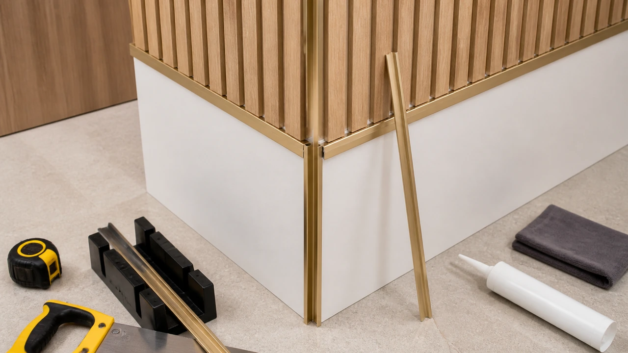 brushed aluminum skirting board close up at wall and floor corner