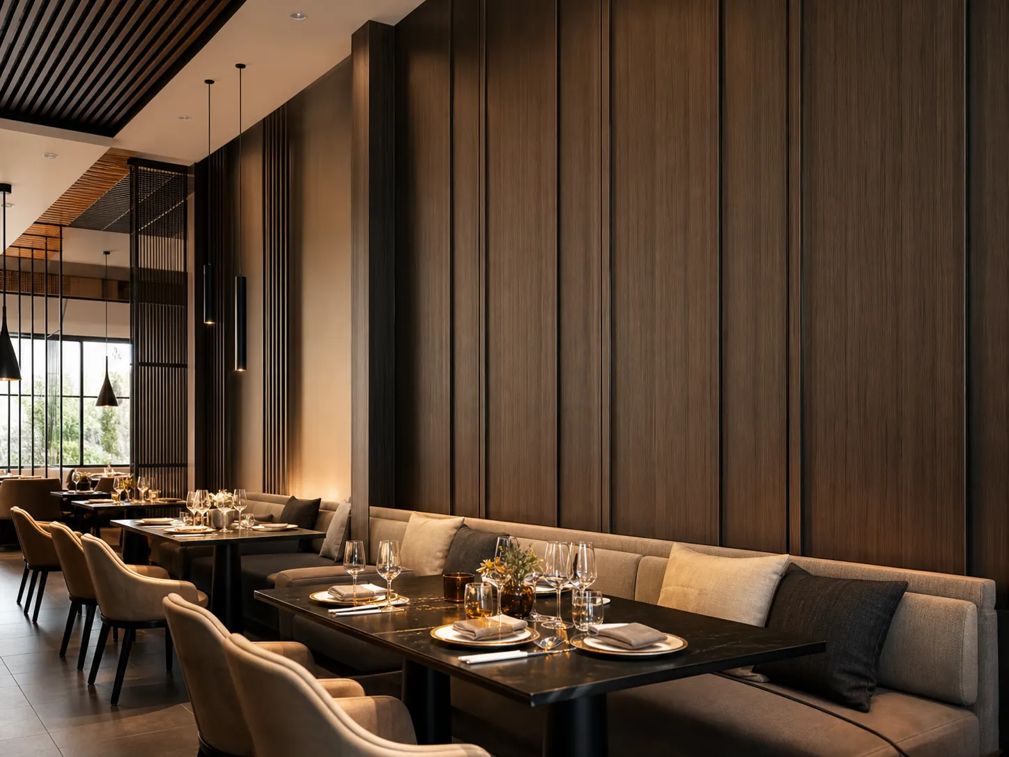Bamboo charcoal wood veneer panels used in hotel and restaurant interiors