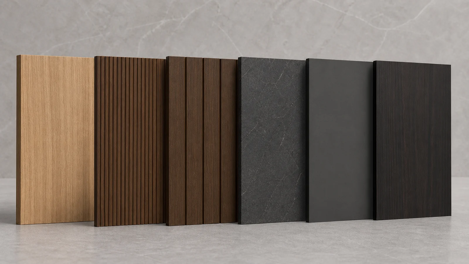Bamboo charcoal wood veneer panel options including wood grain fluted grooved and custom finishes