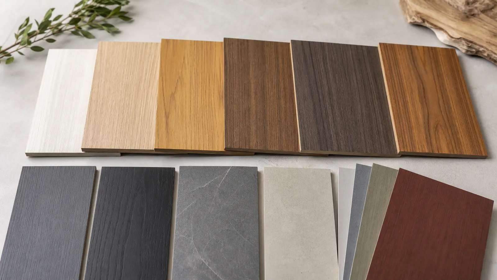 Bamboo charcoal wood veneer sample boards with wood grain stone texture and custom finishes