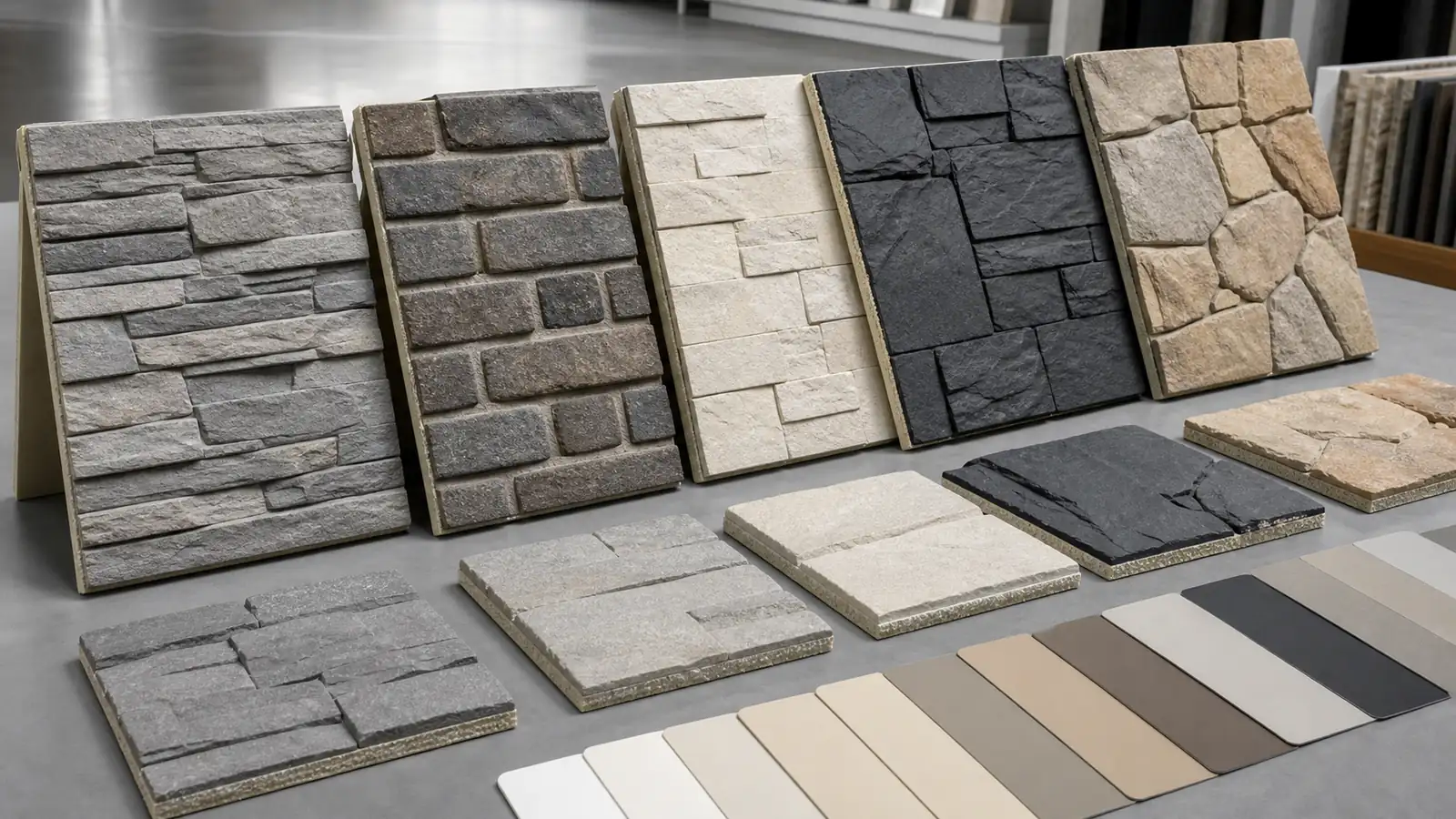 faux stone panels sample boards with different stone textures and color options