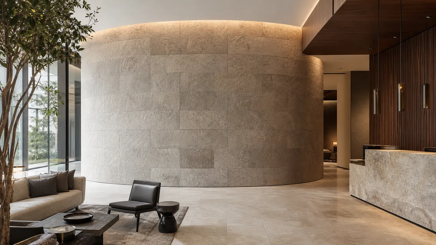 flexible stone veneer installed on a curved premium interior wall