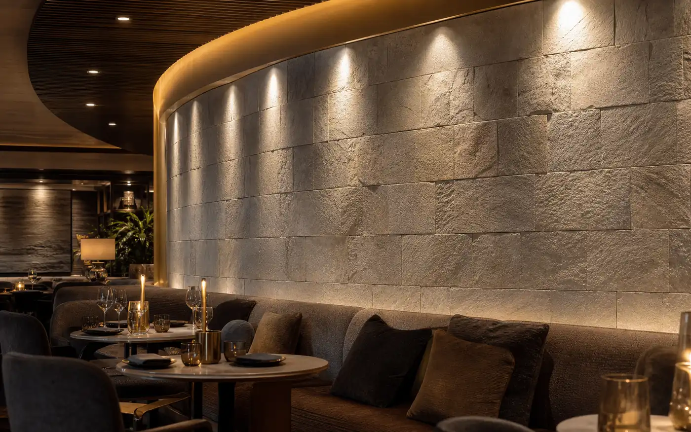 flexible stone veneer used on hotel and restaurant curved feature walls