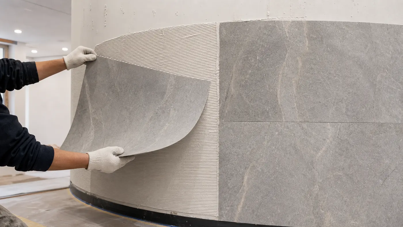 flexible stone veneer installation process on a curved interior wall