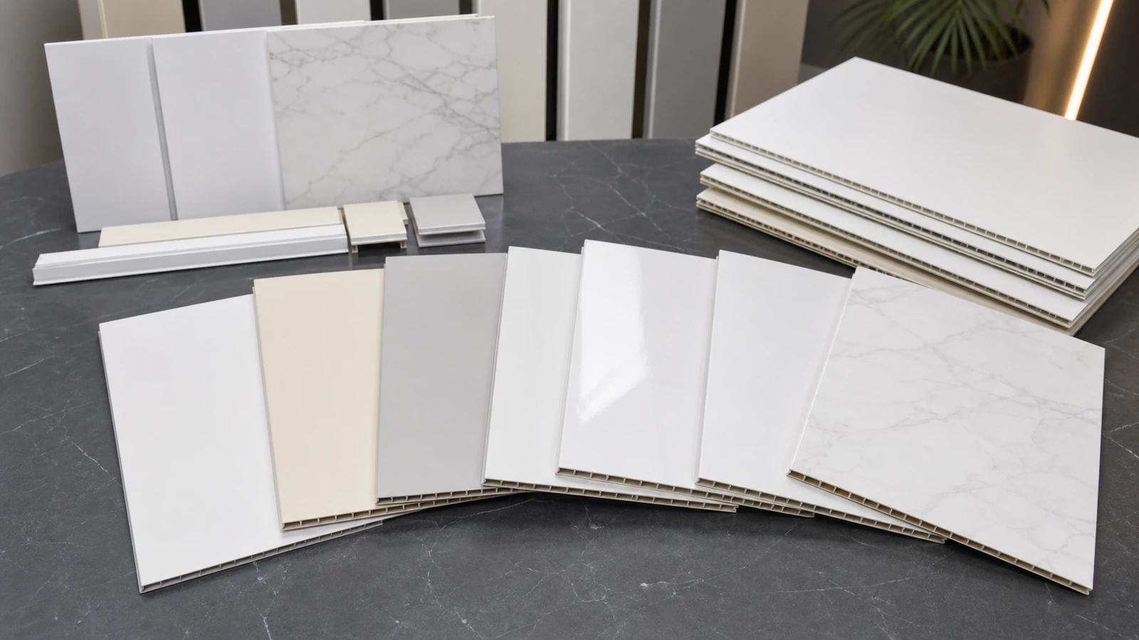 PVC ceiling panel sample boards with custom color and surface finish options