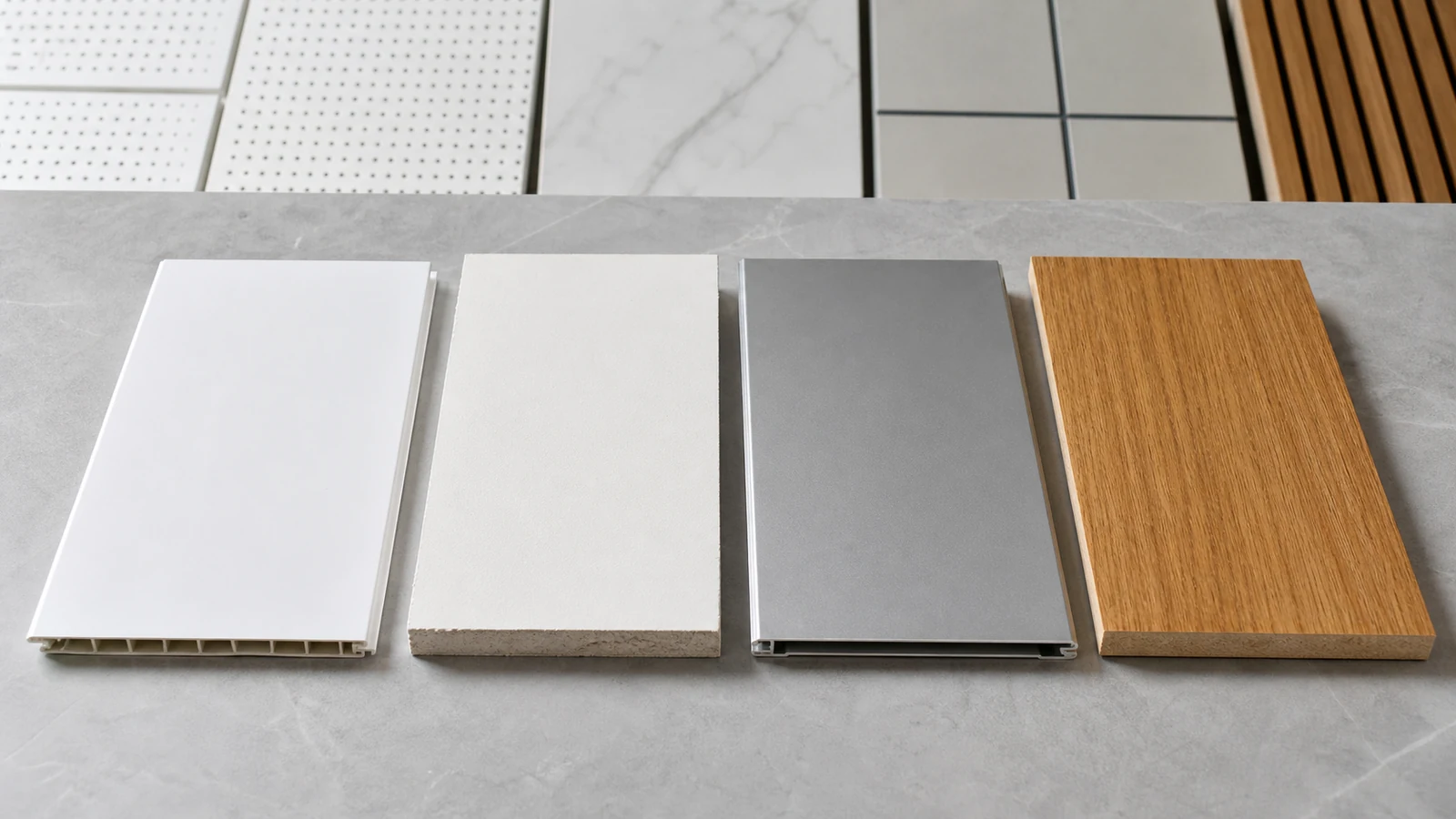 PVC ceiling panel compared with gypsum aluminum and wood ceiling materials