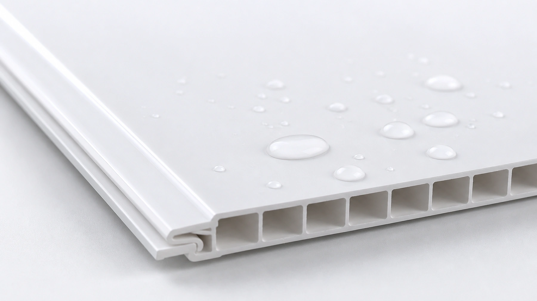 waterproof flat PVC ceiling panel surface and interlocking edge close up