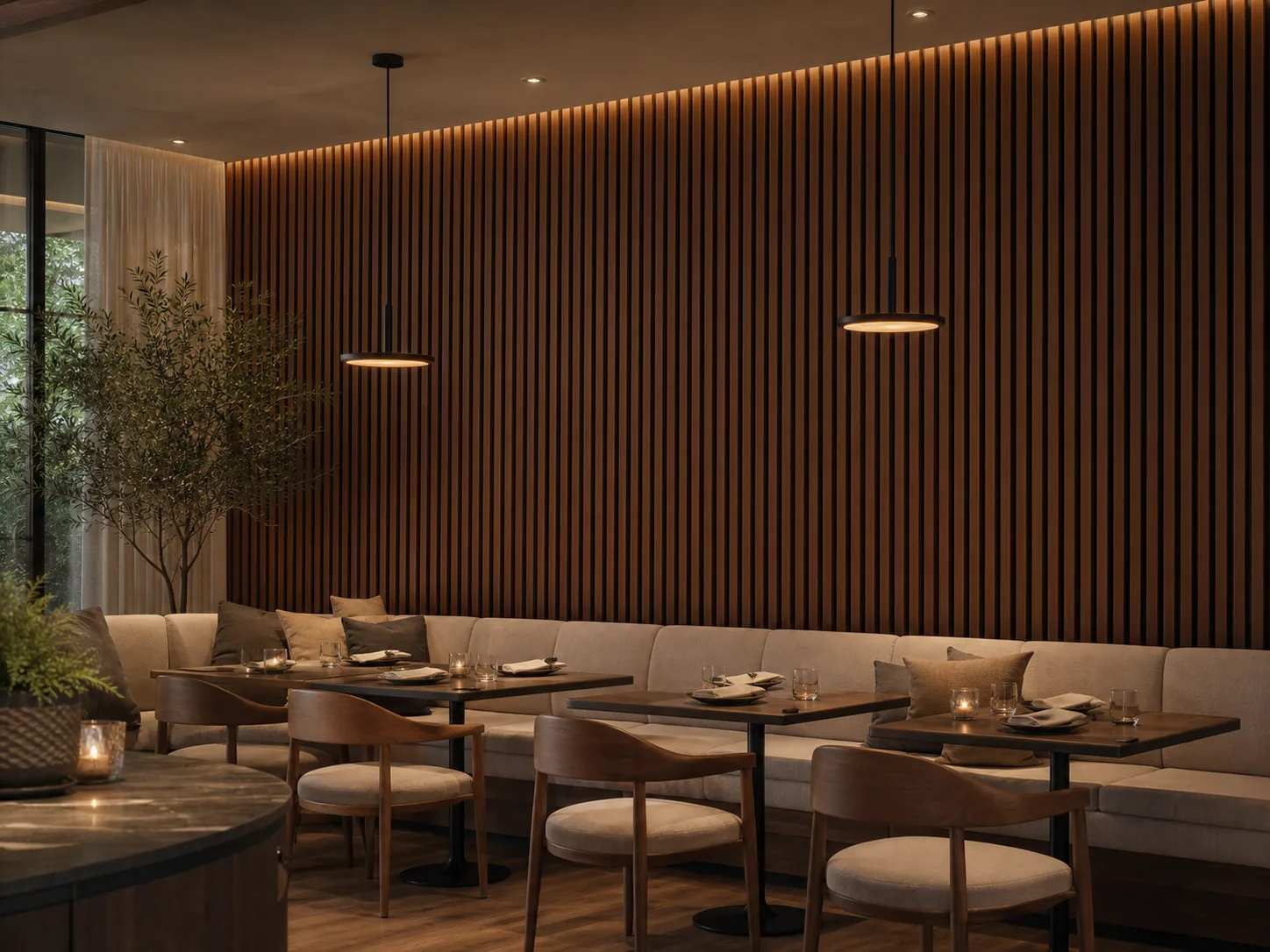fluted panels used in hotel and restaurant interior projects