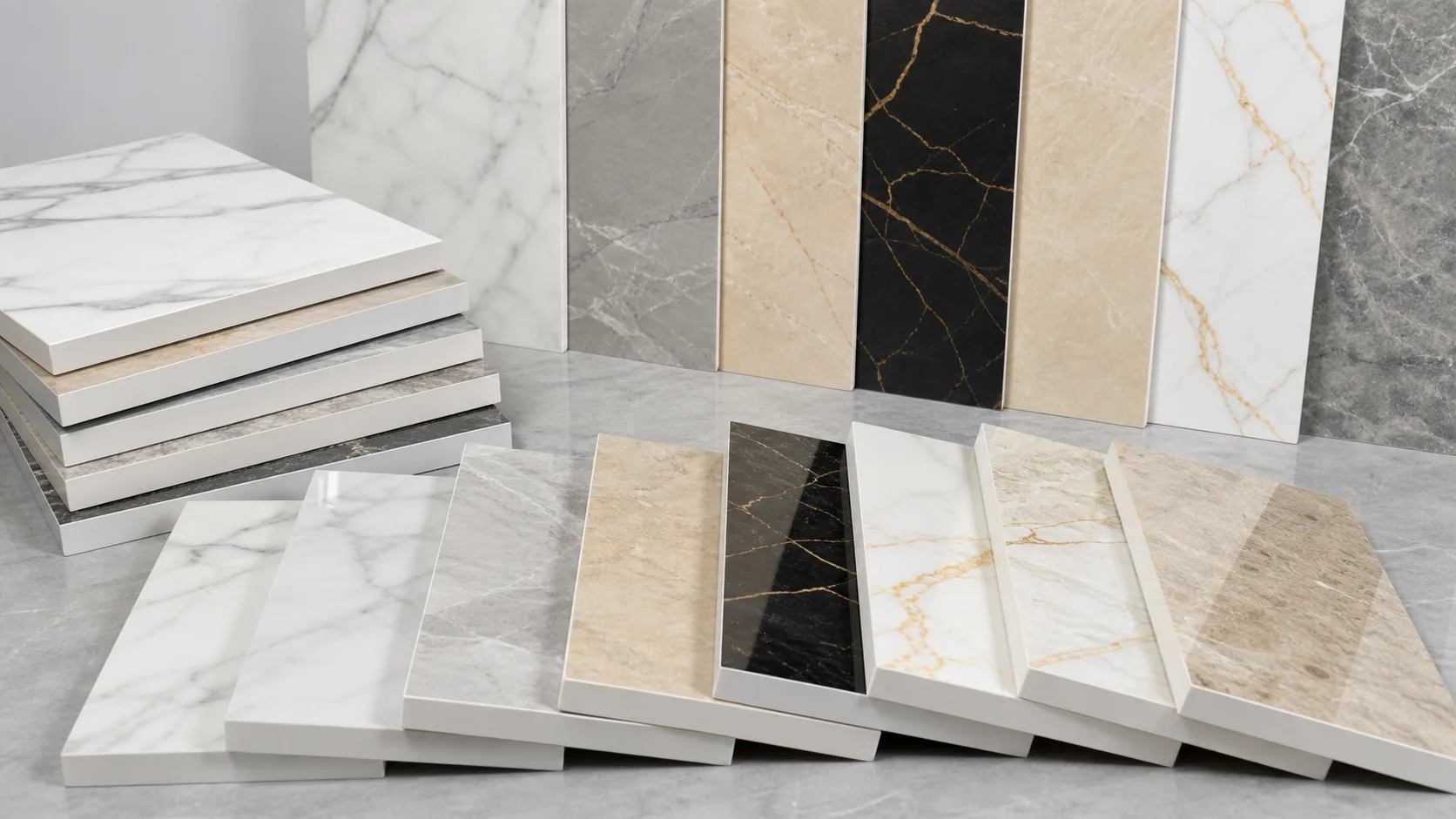 UV marble sheet material samples side by side for project selection