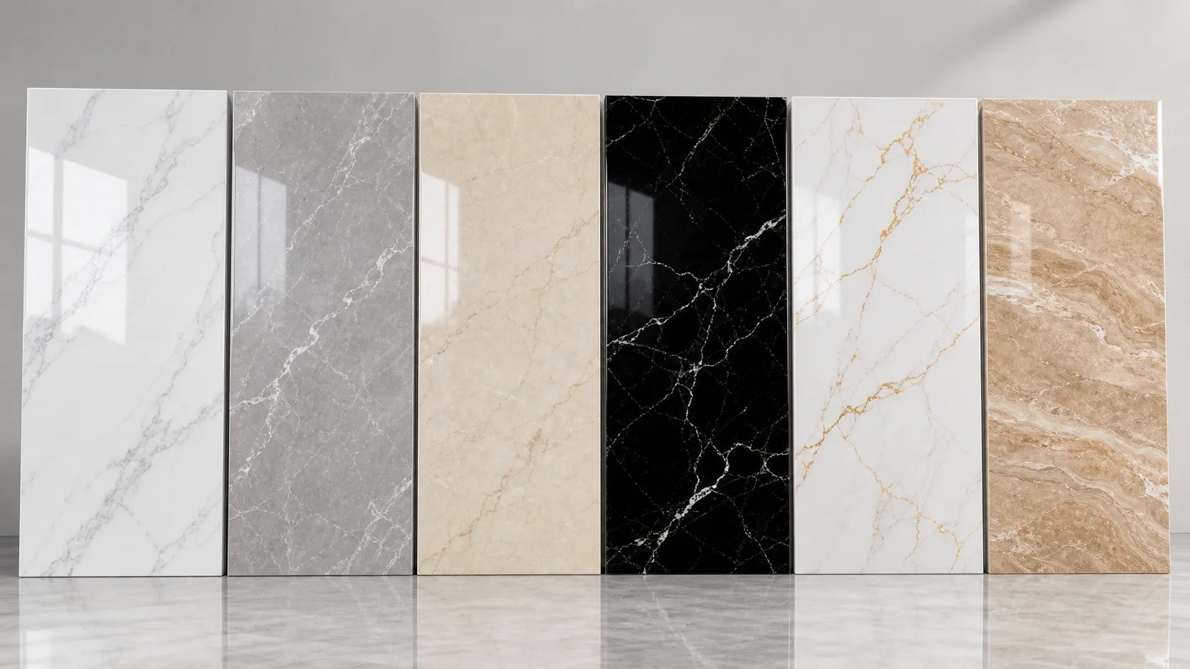 UV marble sheet types with white grey black beige and gold vein textures