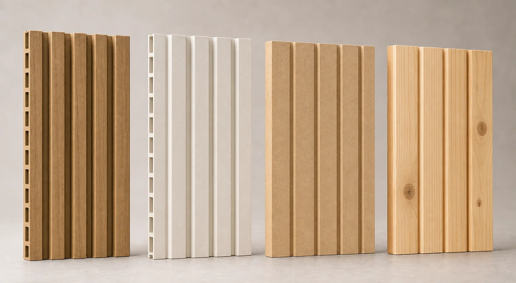 WPC PVC MDF and natural wood material samples side by side