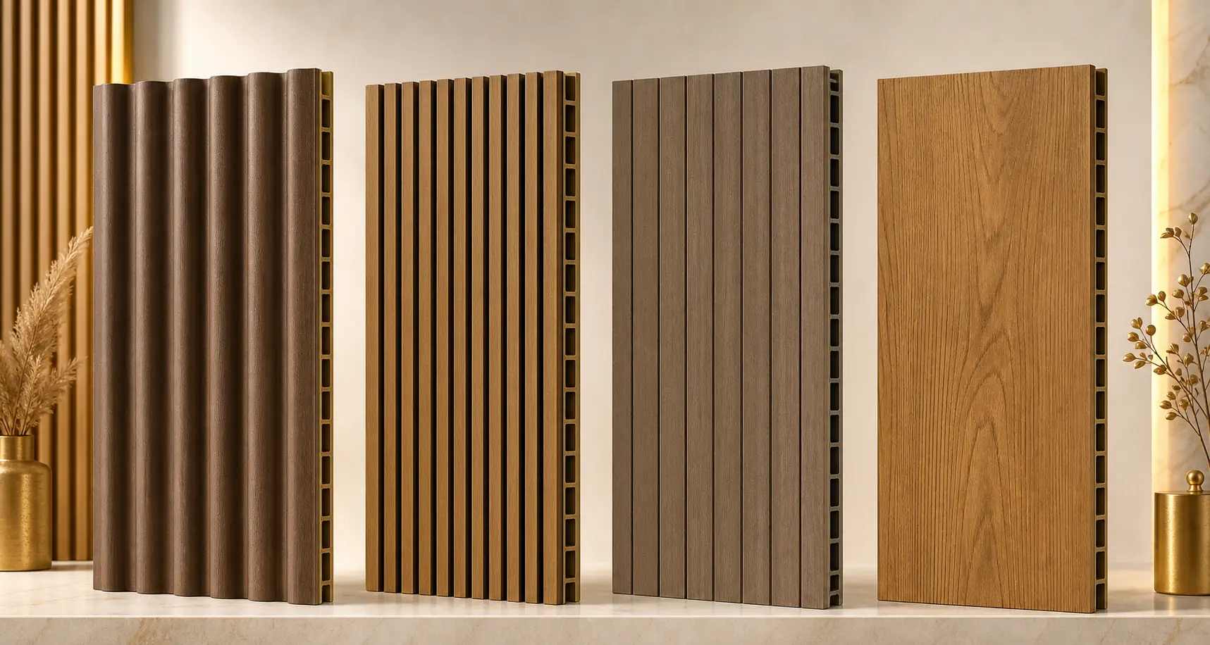 WPC wall panel types including fluted grille grooved and wood grain panels